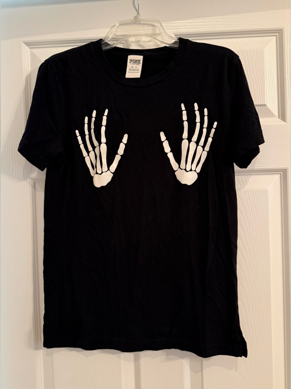 Pink Victoria’s Secret black Halloween T-shirt. Size XS. Skeleton hands on front